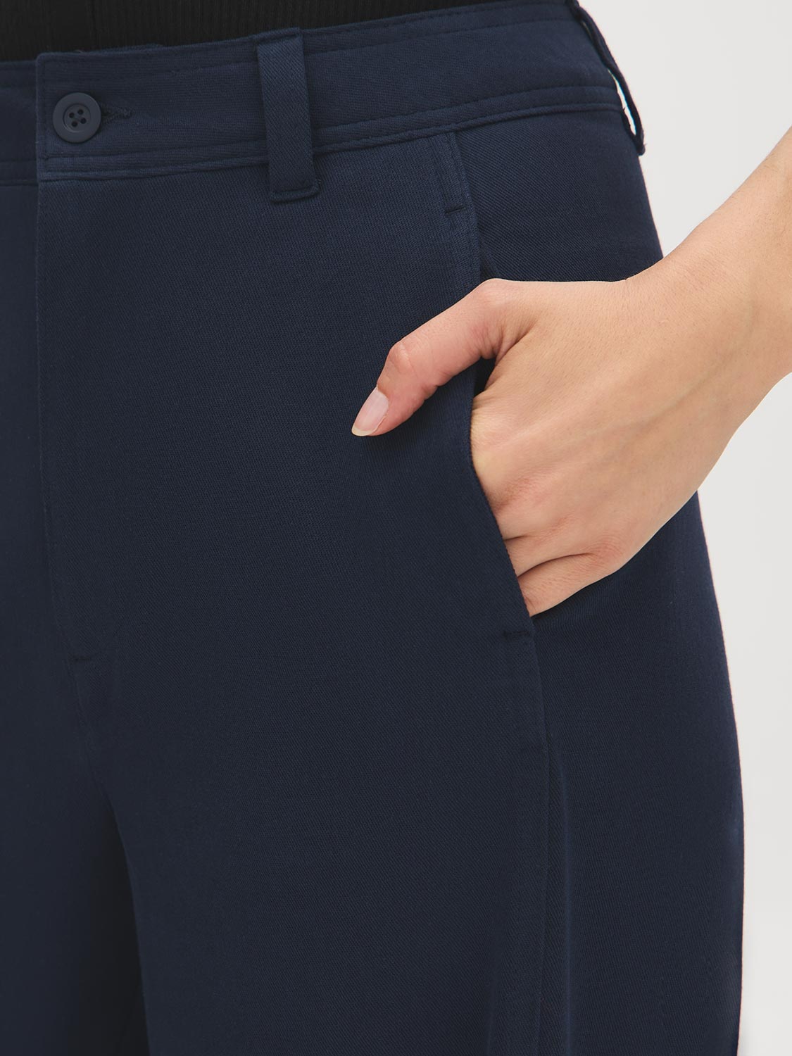 Navy High-Rise Barrel Leg Knit Pants - Pocket Detail - Suzy Shier