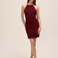 Bordeaux Halter Neck 3D Floral Mesh Dress - Woman Wearing Elegant Evening Dress - Le Chateau