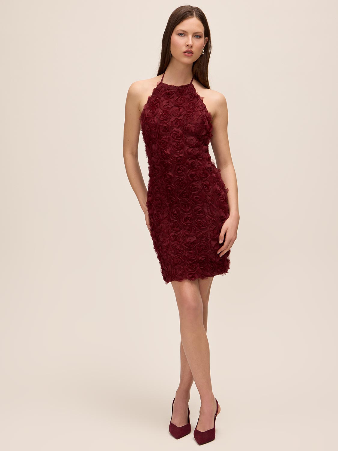 Bordeaux Halter Neck 3D Floral Mesh Dress - Woman Wearing Elegant Evening Dress - Le Chateau