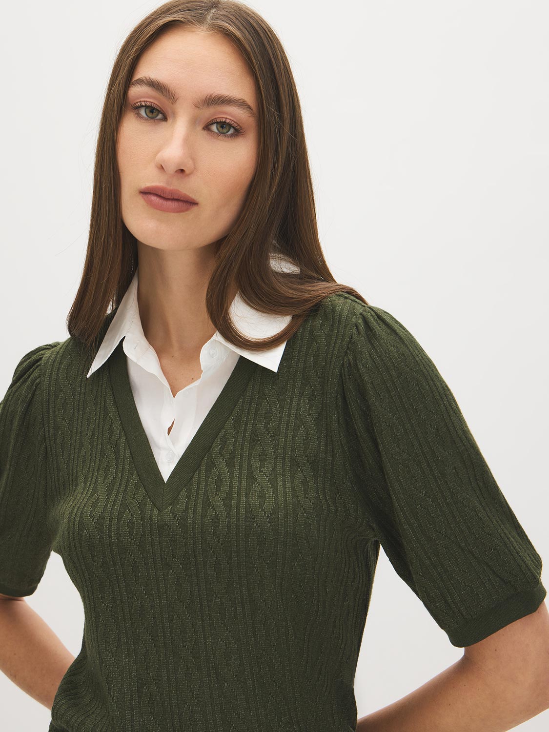 Deep Depths Melange Jacquard Sweater with Poplin Collar - Close-up Fabric Detail - Suzy Shier