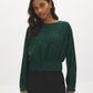 Scarab Flocked Popover Blouse with Pleated Shoulders - Woman Wearing Patterned Long Sleeve Top - Suzy Shier