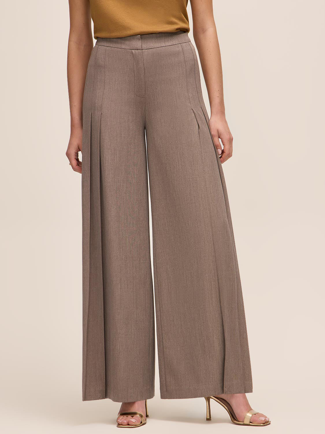 Oatmeal Mix Pleated Wide Leg Pants - Front View - Le Chateau
