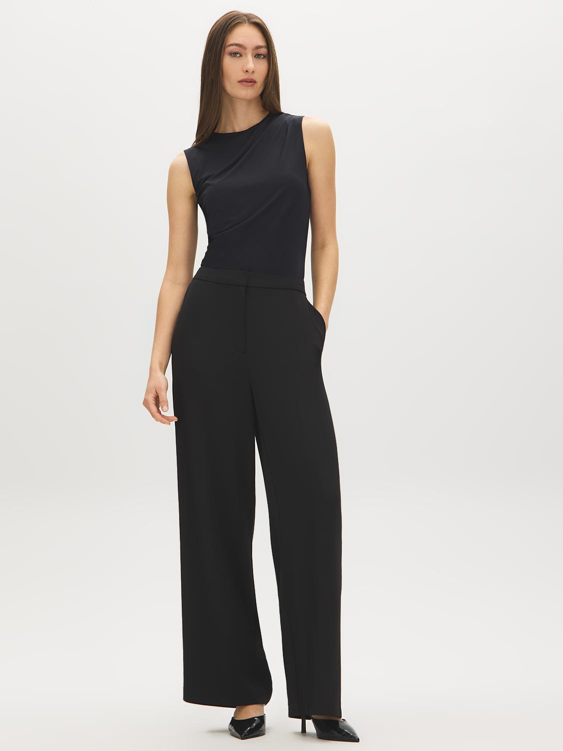 Jet Black Sleeveless Crew Neck Shell Top with Side Pleats - Suzy Shier