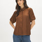 Bison Matte Satin Blouse with Bubble Sleeves - Woman Wearing Short Sleeve Collared Blouse - Suzy Shier