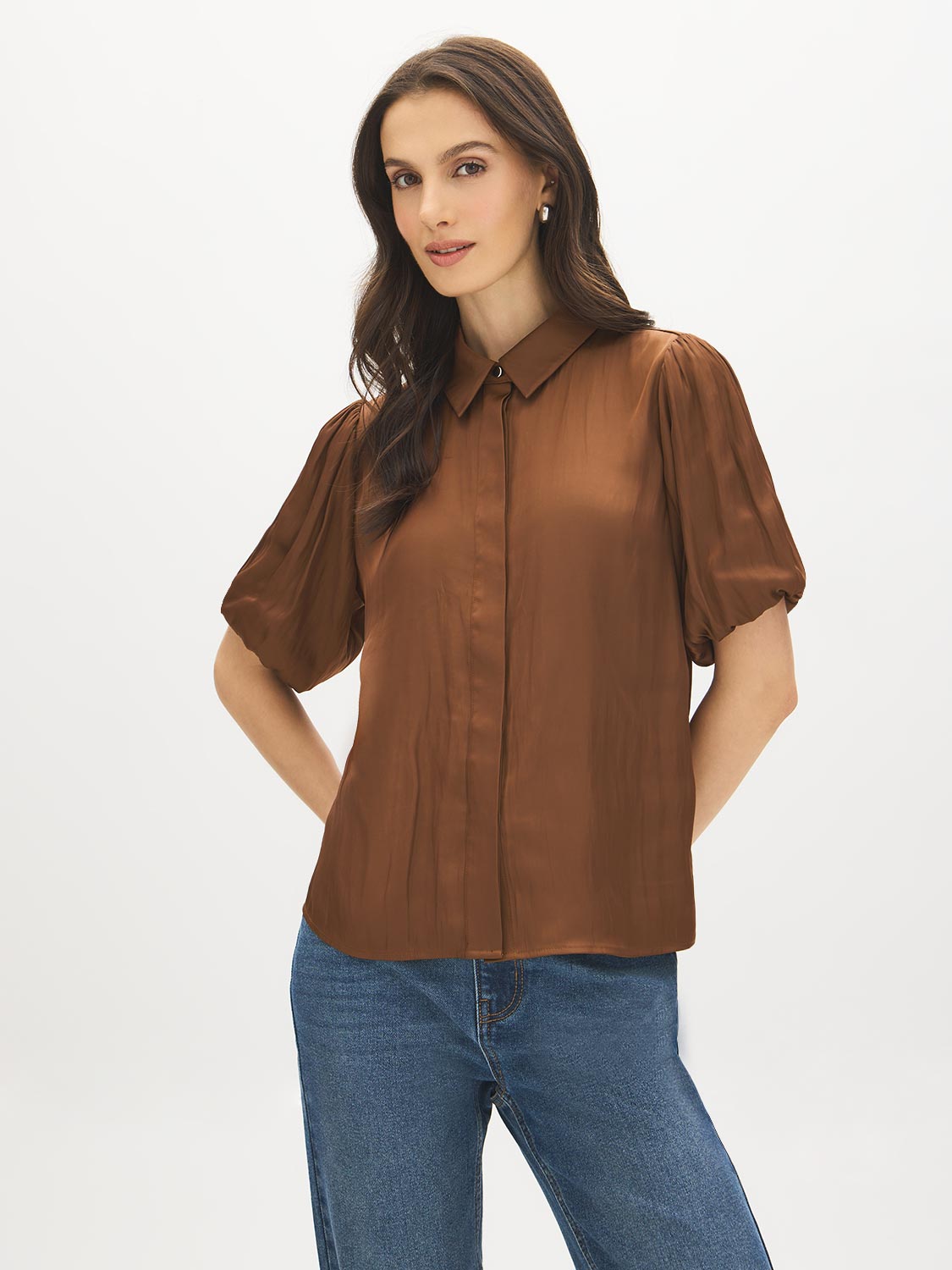 Bison Matte Satin Blouse with Bubble Sleeves - Woman Wearing Short Sleeve Collared Blouse - Suzy Shier