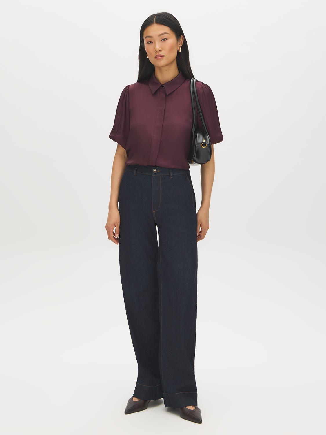 Winetasting Matte Satin Blouse with Bubble Sleeves - Front View - Suzy Shier