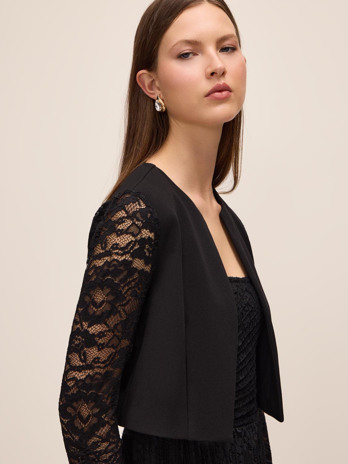 Black Knit Crepe Bolero with Illusion Lace Sleeves - Side Profile View - Le Chateau
