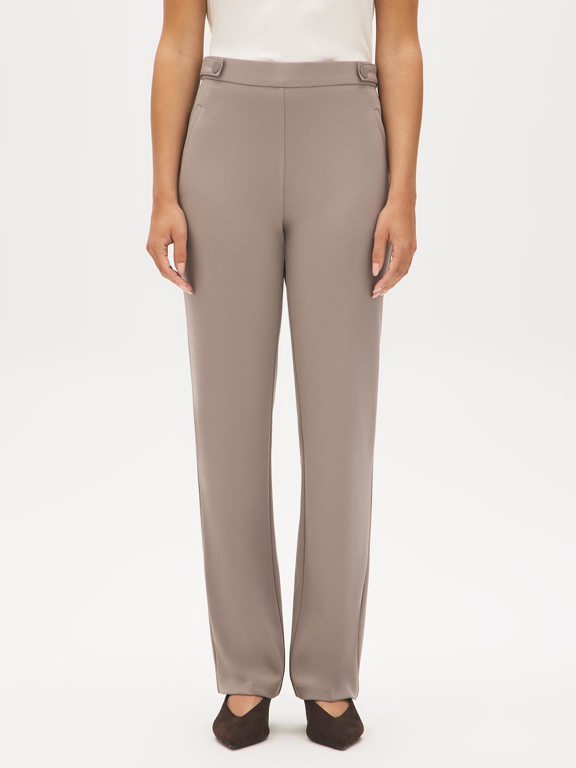 Lt Grey Pull-On Straight Leg Pant with Waist Tabs - Woman Wearing Clean Front Trousers - Suzy Shier