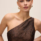 Mocha One-Shoulder Jacquard Floral Gown - Close-up Fabric Detail - Le Chateau