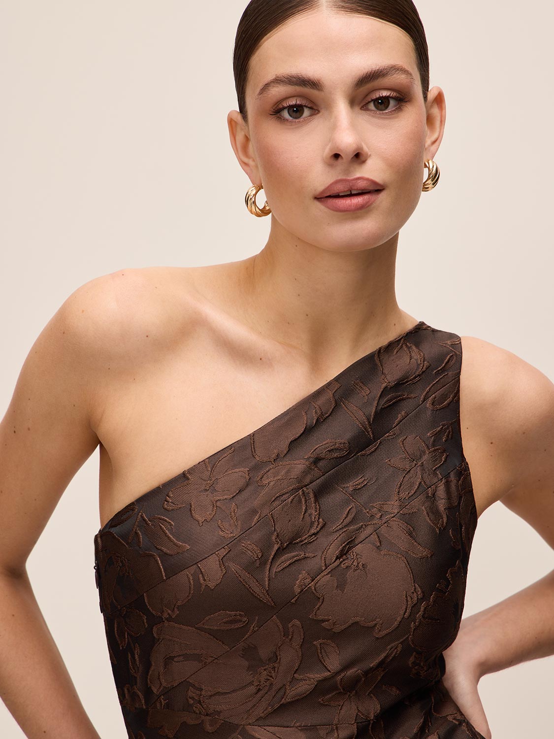 Mocha One-Shoulder Jacquard Floral Gown - Close-up Fabric Detail - Le Chateau