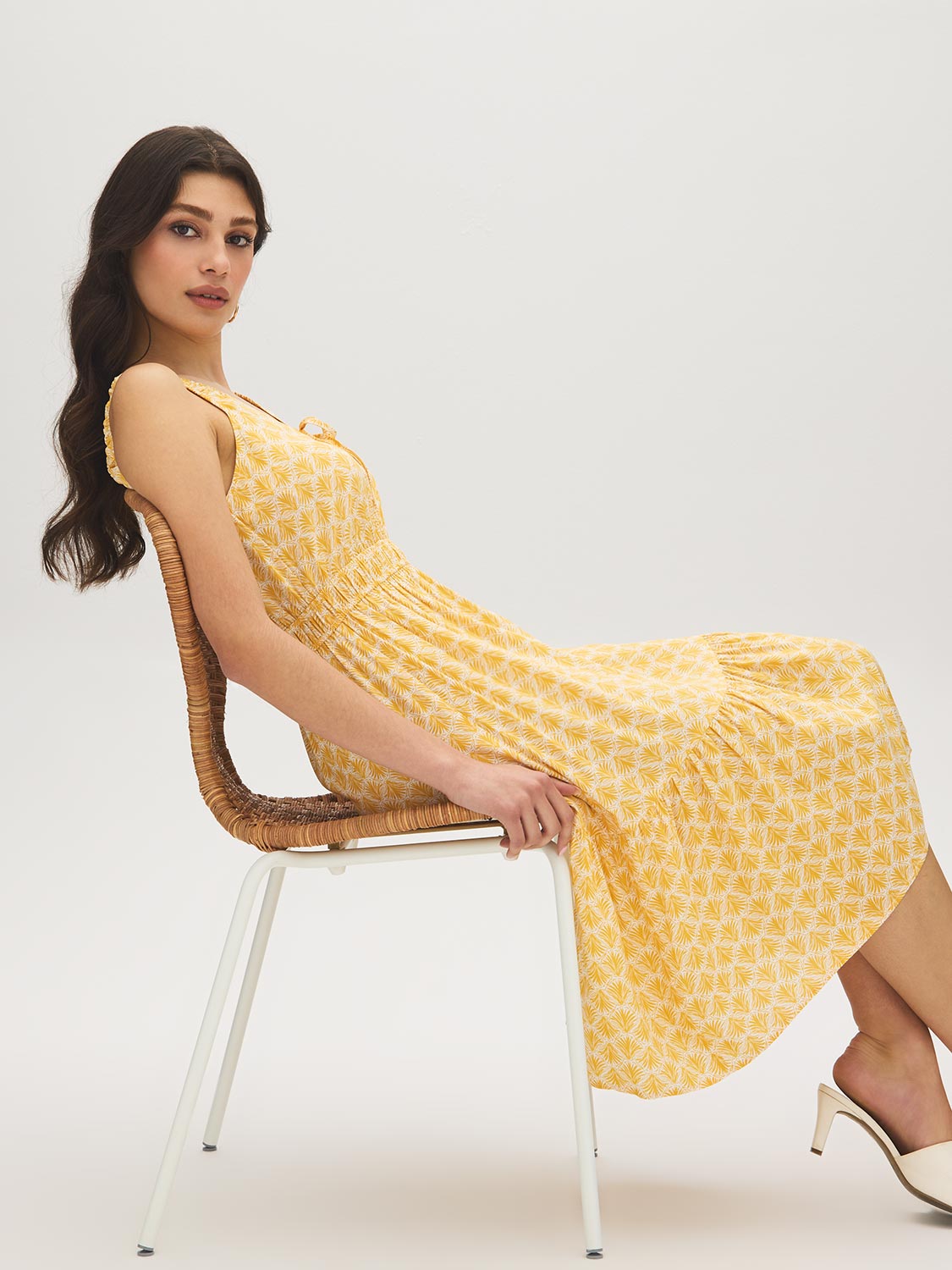Snow White/Yolk Yellow Print Elastic Strap Scoop Neck Dress - Woman Wearing Soft Fabric Dress - Suzy Shier