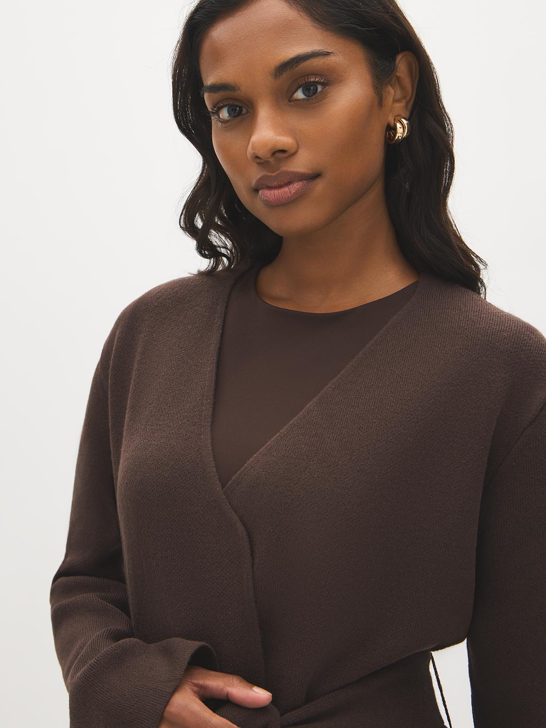 Z. Brown Open-Front Bell Sleeve Cardigan - Close-up Fabric Detail - Suzy Shier