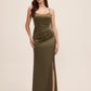 Khaki Satin V-Neck Gown with Side Pleats - Woman Wearing Evening Dress with Side Slit - Le Chateau
