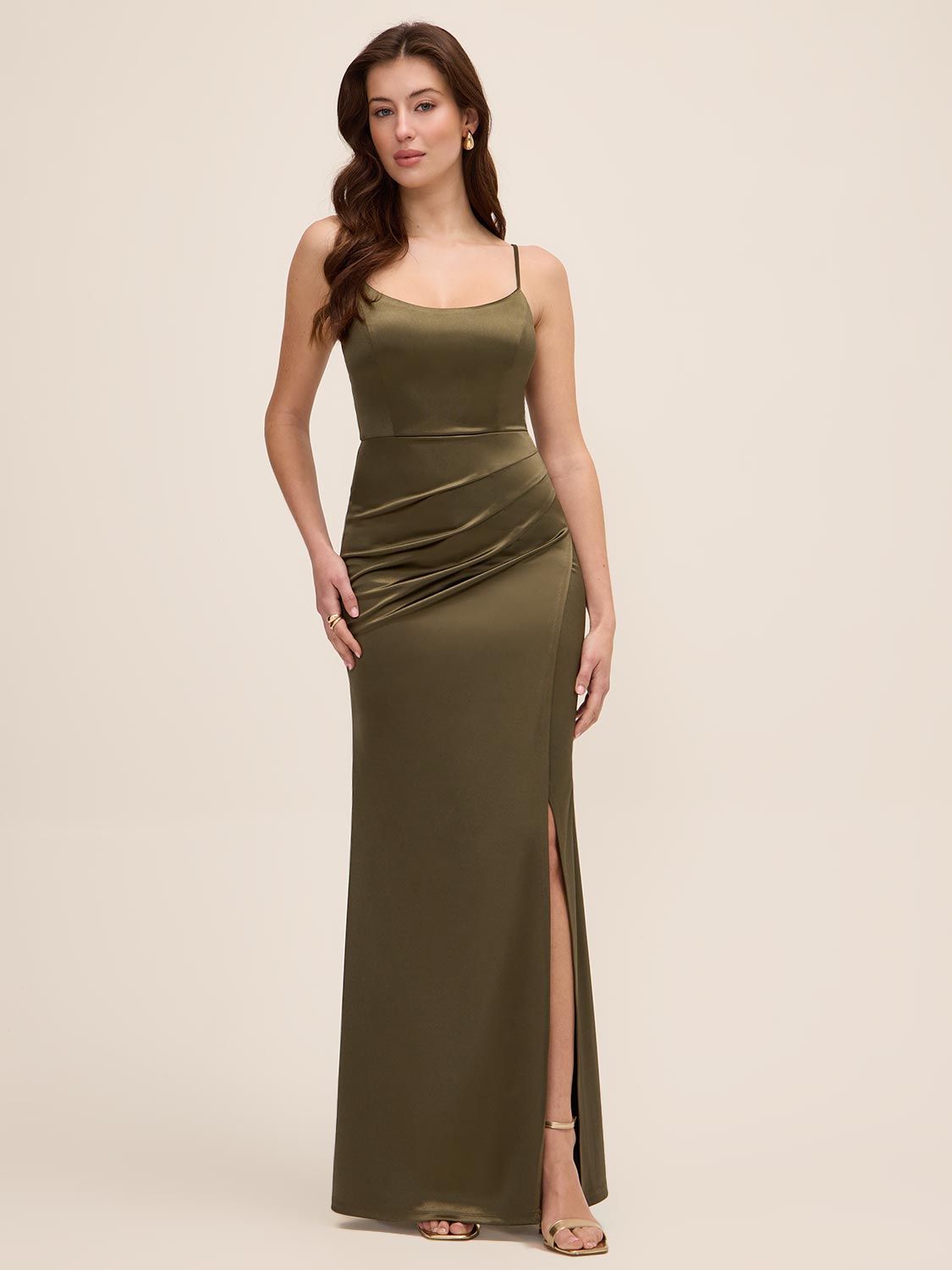 Khaki Satin V-Neck Gown with Side Pleats - Woman Wearing Evening Dress with Side Slit - Le Chateau