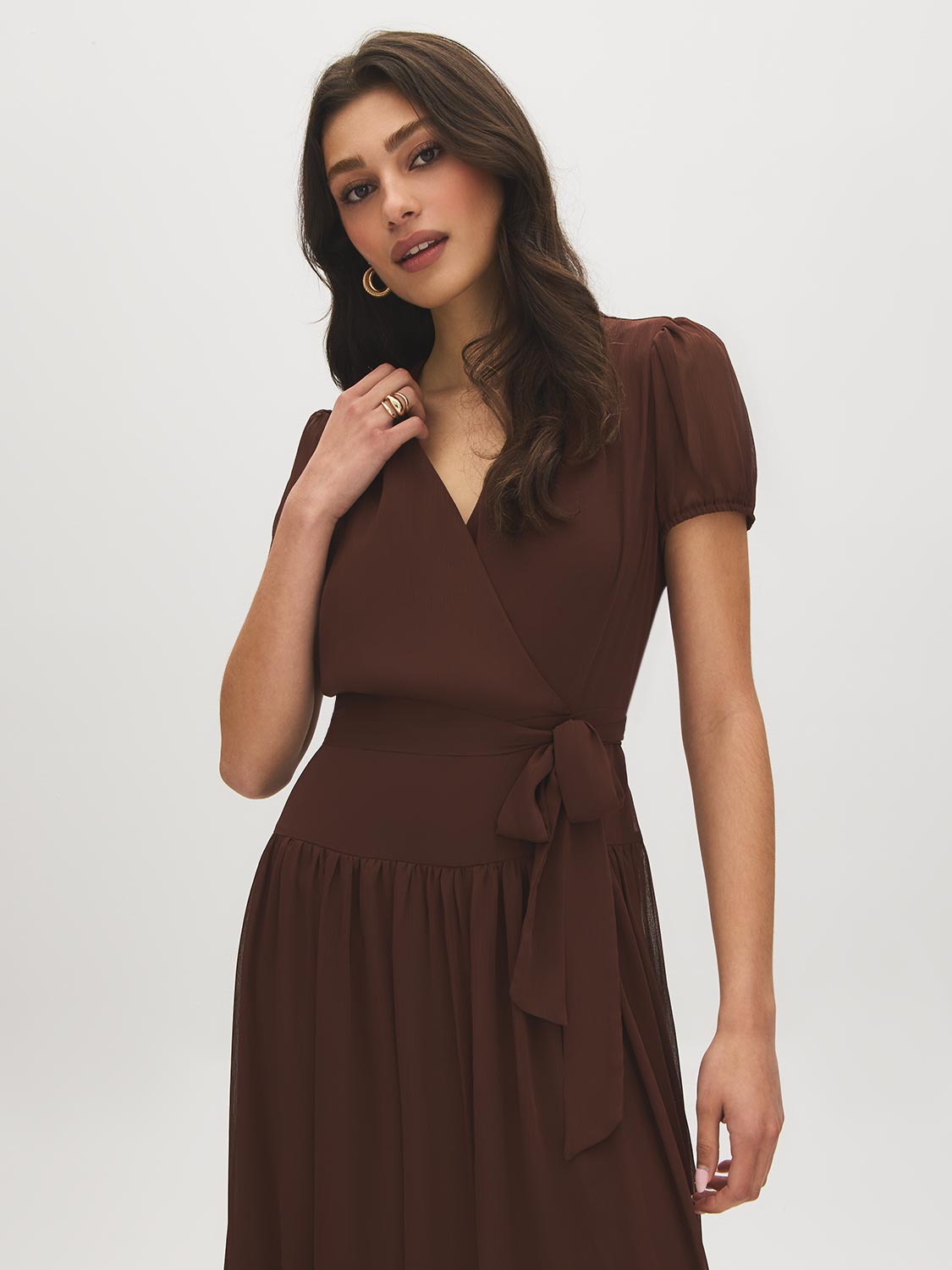Milk Chocolate Textured Chiffon Midi Dress - Front View - Suzy Shier