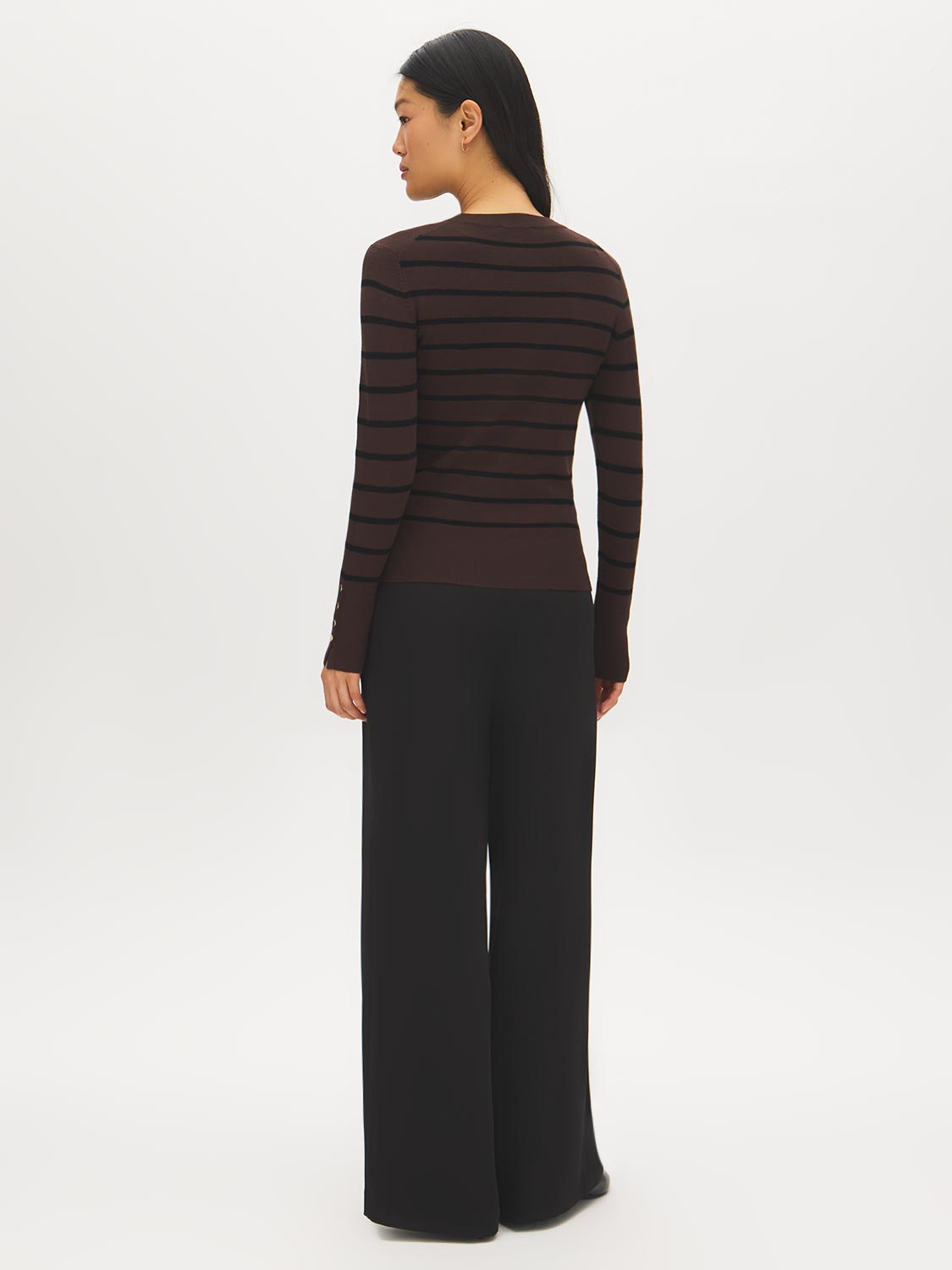 Coffee Bean/Black Stripe Knit Sweater with Snap Button Sleeves - Back View - Suzy Shier