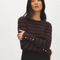 Coffee Bean/Black Stripe Knit Sweater with Snap Button Sleeves - Woman Wearing Striped Crew Neck Sweater - Suzy Shier