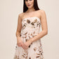 Brown/Antique Cream Leaf Print Strapless Midi Dress - Woman Wearing Pleated Strapless Dress - Le Chateau