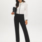 Bright White faux-leather Trim Long Sleeve Blouse - Front View - Suzy Shier