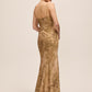 Gold/Mocha Jacquard Floral Bustier Gown - Back View - Le Chateau