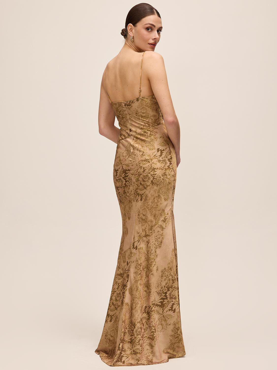 Gold/Mocha Jacquard Floral Bustier Gown - Back View - Le Chateau