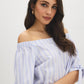 Yarn Dye Stripe Off-the-Shoulder Blouse - Woman Wearing Tie-Detail Sleeve Top - Suzy Shier