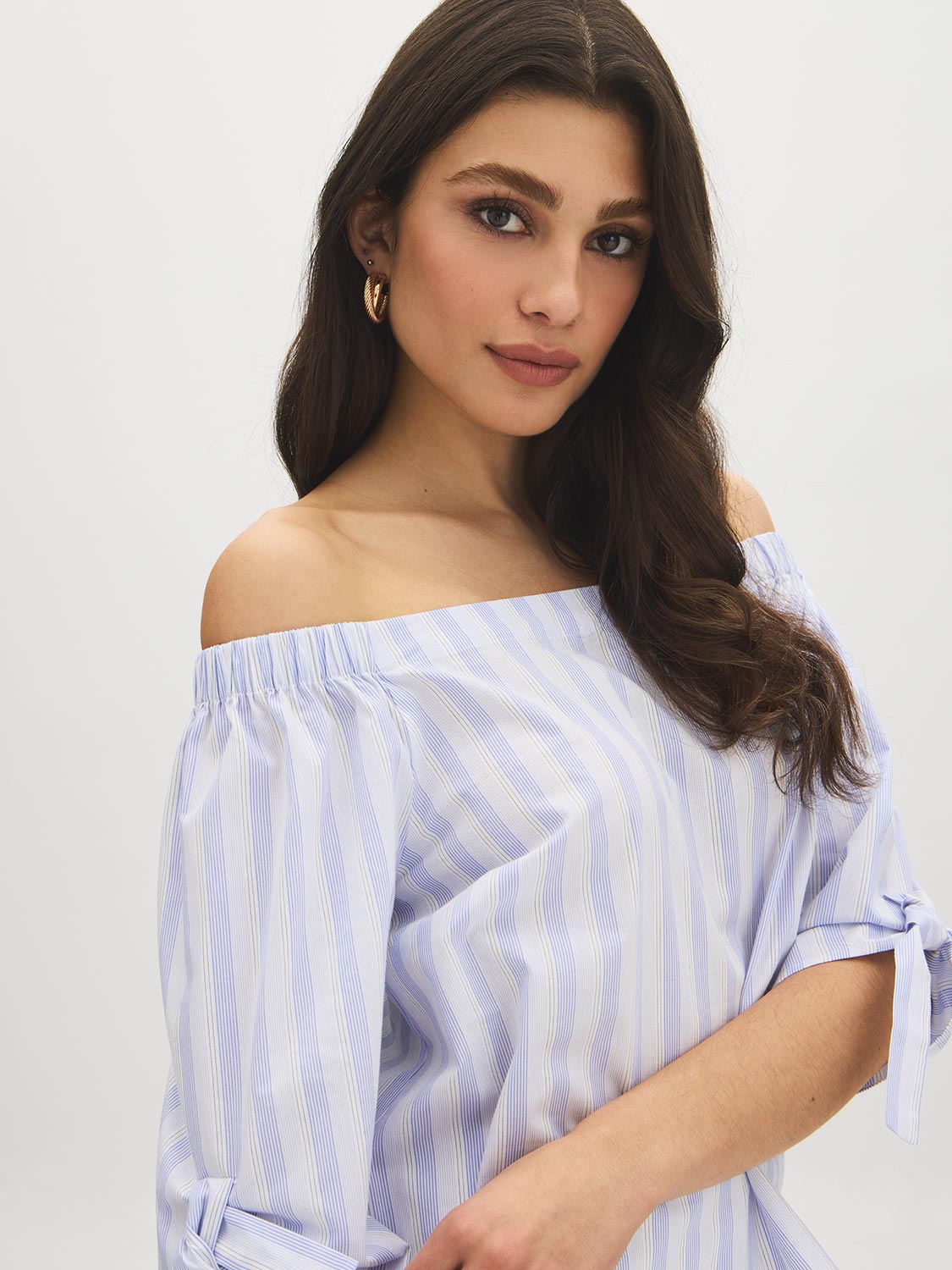 Yarn Dye Stripe Off-the-Shoulder Blouse - Woman Wearing Tie-Detail Sleeve Top - Suzy Shier