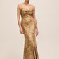 Gold/Mocha Jacquard Floral Bustier Gown - Front View - Le Chateau