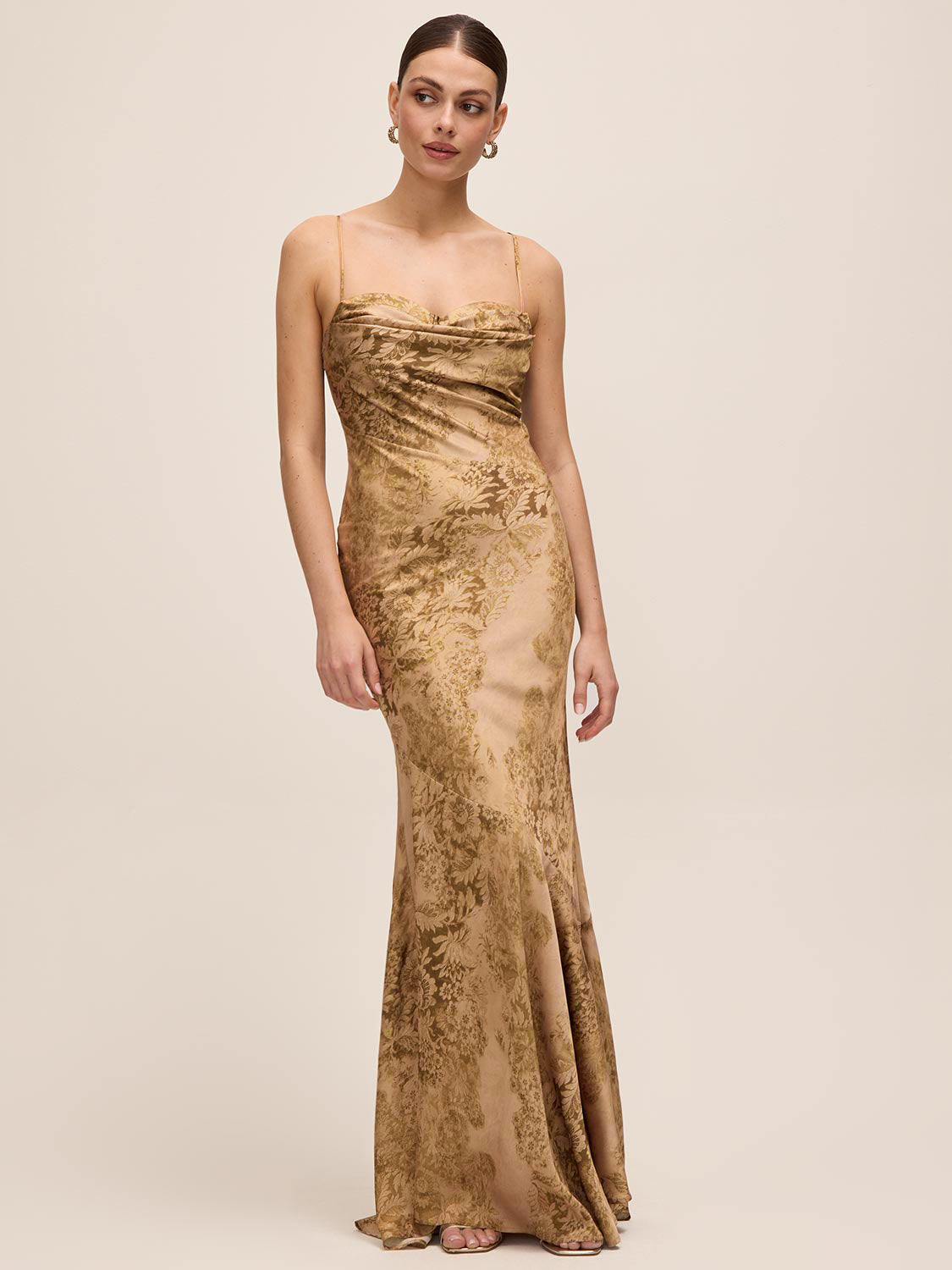 Gold/Mocha Jacquard Floral Bustier Gown - Front View - Le Chateau
