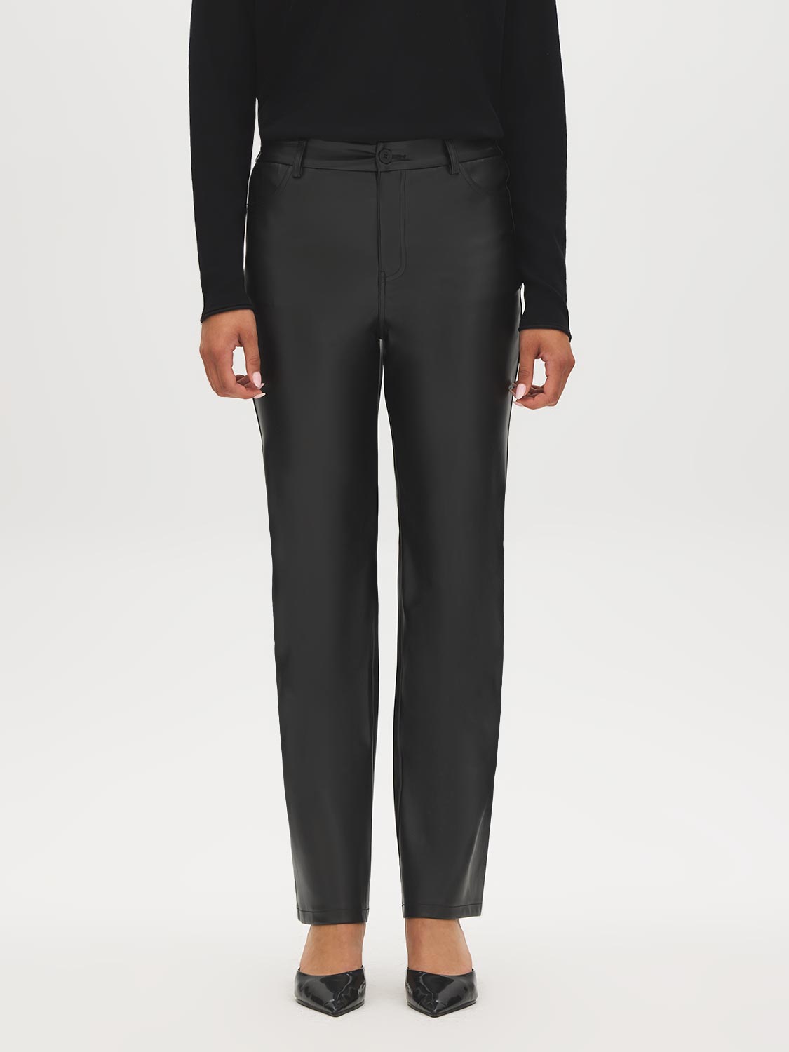 Black Faux Leather Straight Leg Pants - Front View - Suzy Shier