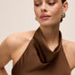 Mocha Cowl Neck Gown with Side Pleat - Close-up Neckline Detail - Le Chateau