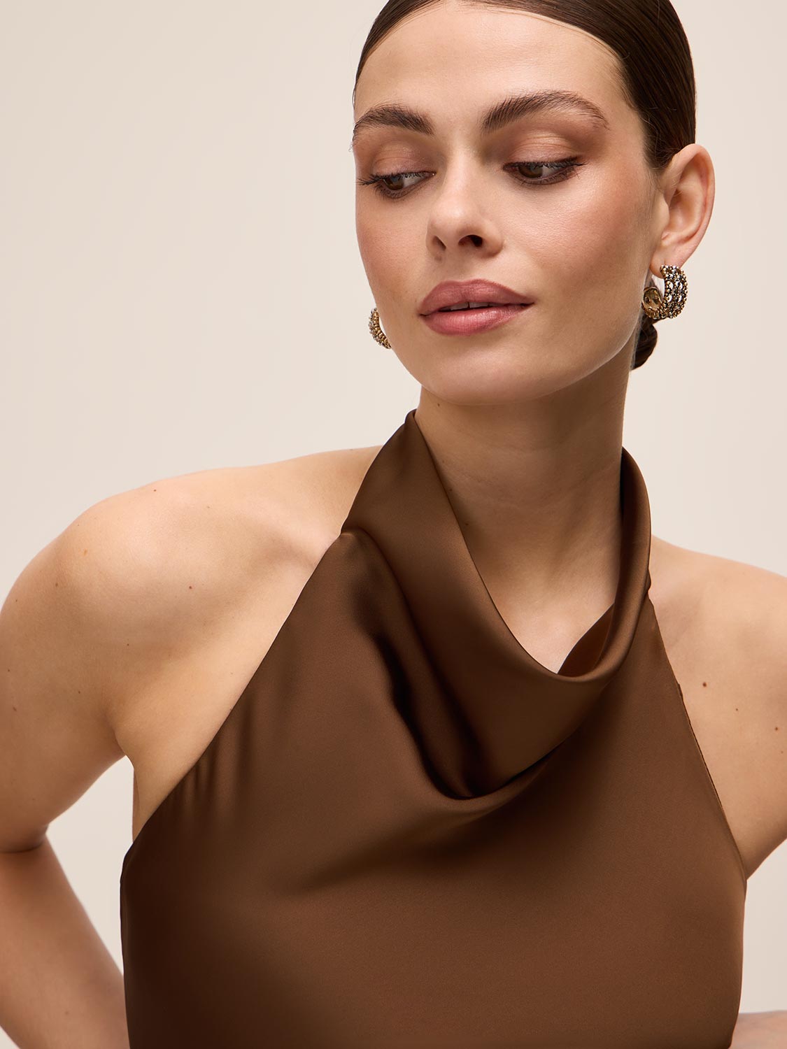 Mocha Cowl Neck Gown with Side Pleat - Close-up Neckline Detail - Le Chateau