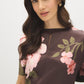 Coffee Bean Floral Satin-Front Dolman Sleeve Top - Close-up Fabric Detail - Suzy Shier