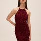 Bordeaux Halter Neck 3D Floral Mesh Dress - Front View - Le Chateau