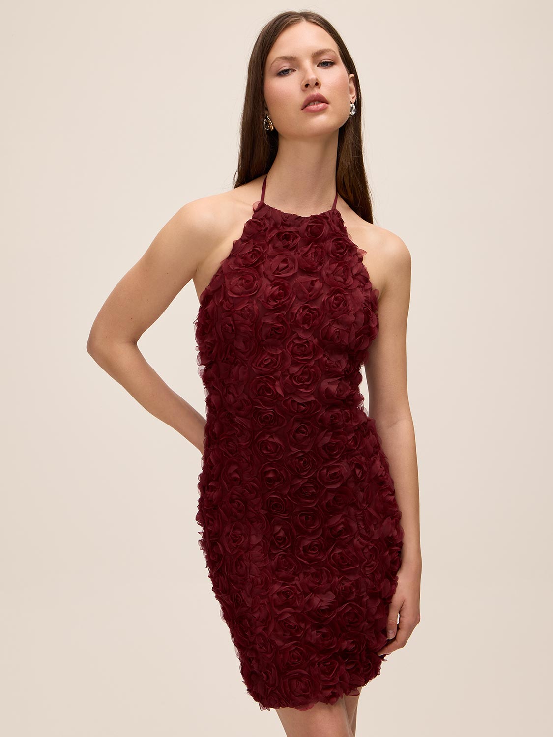 Bordeaux Halter Neck 3D Floral Mesh Dress - Front View - Le Chateau