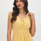 Snow White/Yolk Yellow Print Elastic Strap Scoop Neck Dress - Woman Wearing Soft Fabric Dress - Suzy Shier