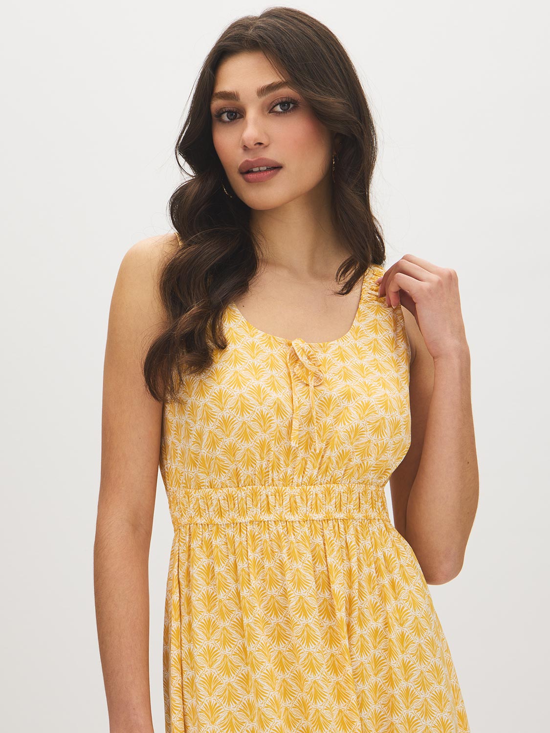 Snow White/Yolk Yellow Print Elastic Strap Scoop Neck Dress - Woman Wearing Soft Fabric Dress - Suzy Shier