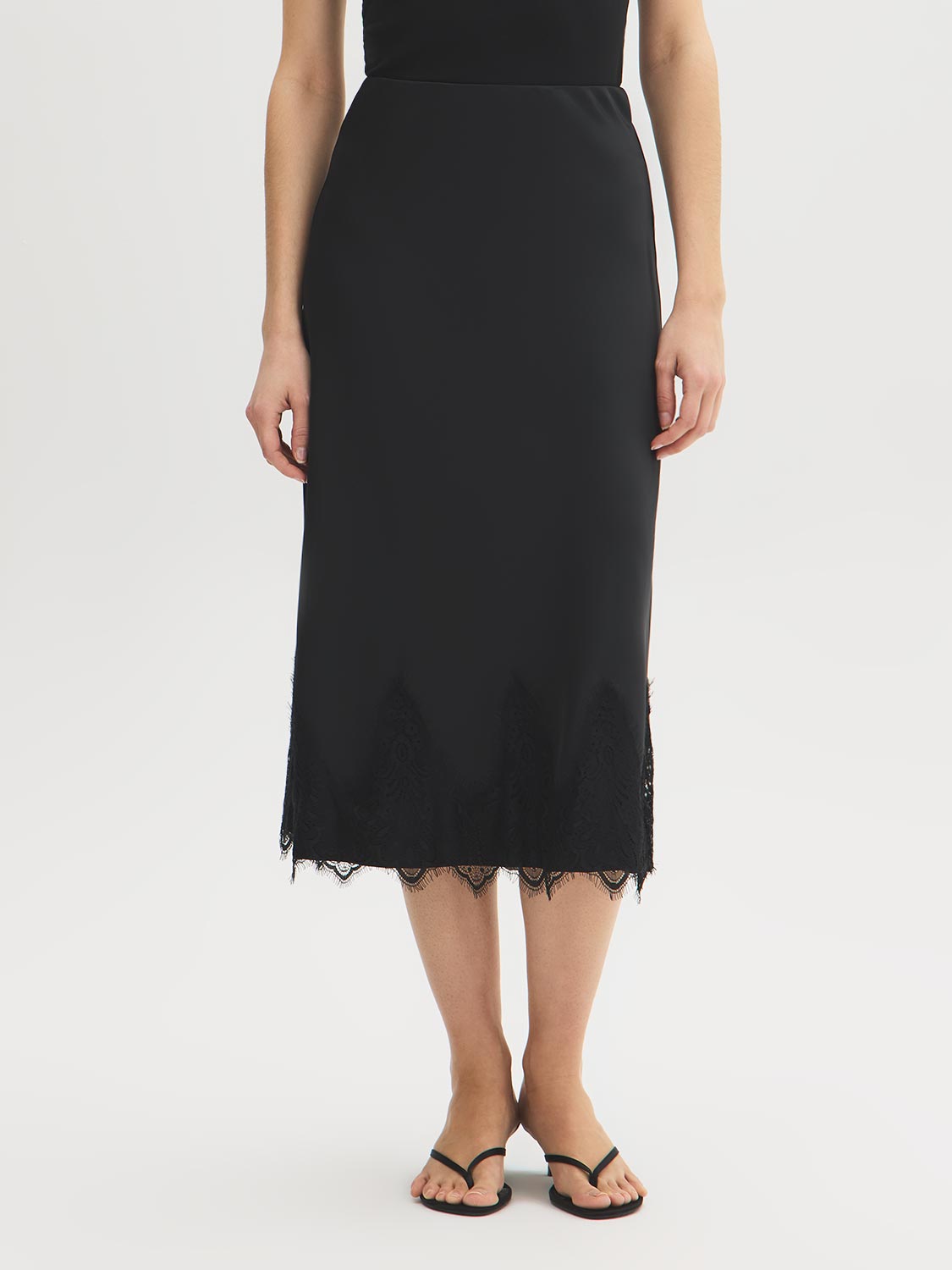 Black Lace Trim Satin Bias Column Skirt - Close-up Lace Hem Detail - Suzy Shier