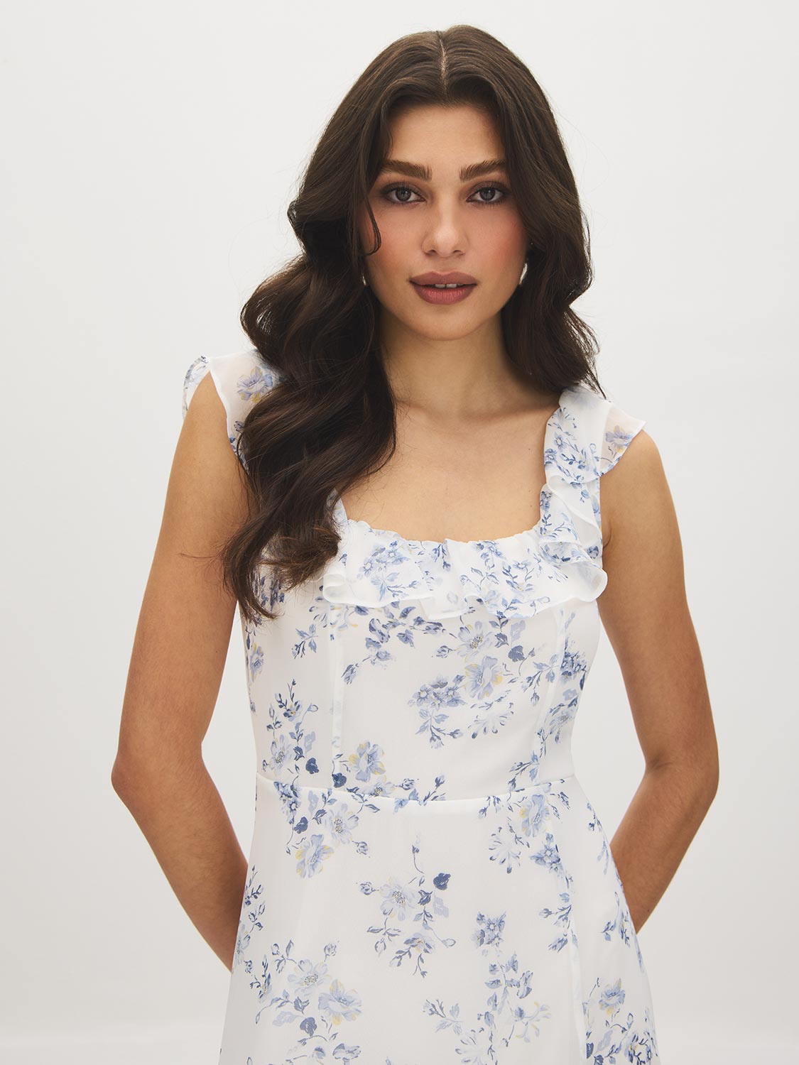 Snow White Floral Chiffon Dress with Ruffled Straps - Woman Wearing Tiered Skirt Dress - Suzy Shier