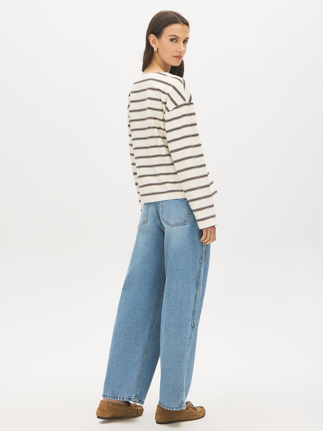 Winter White/Coffee Bean Striped V-Neck Boxy Jersey Top - Back View - Suzy Shier