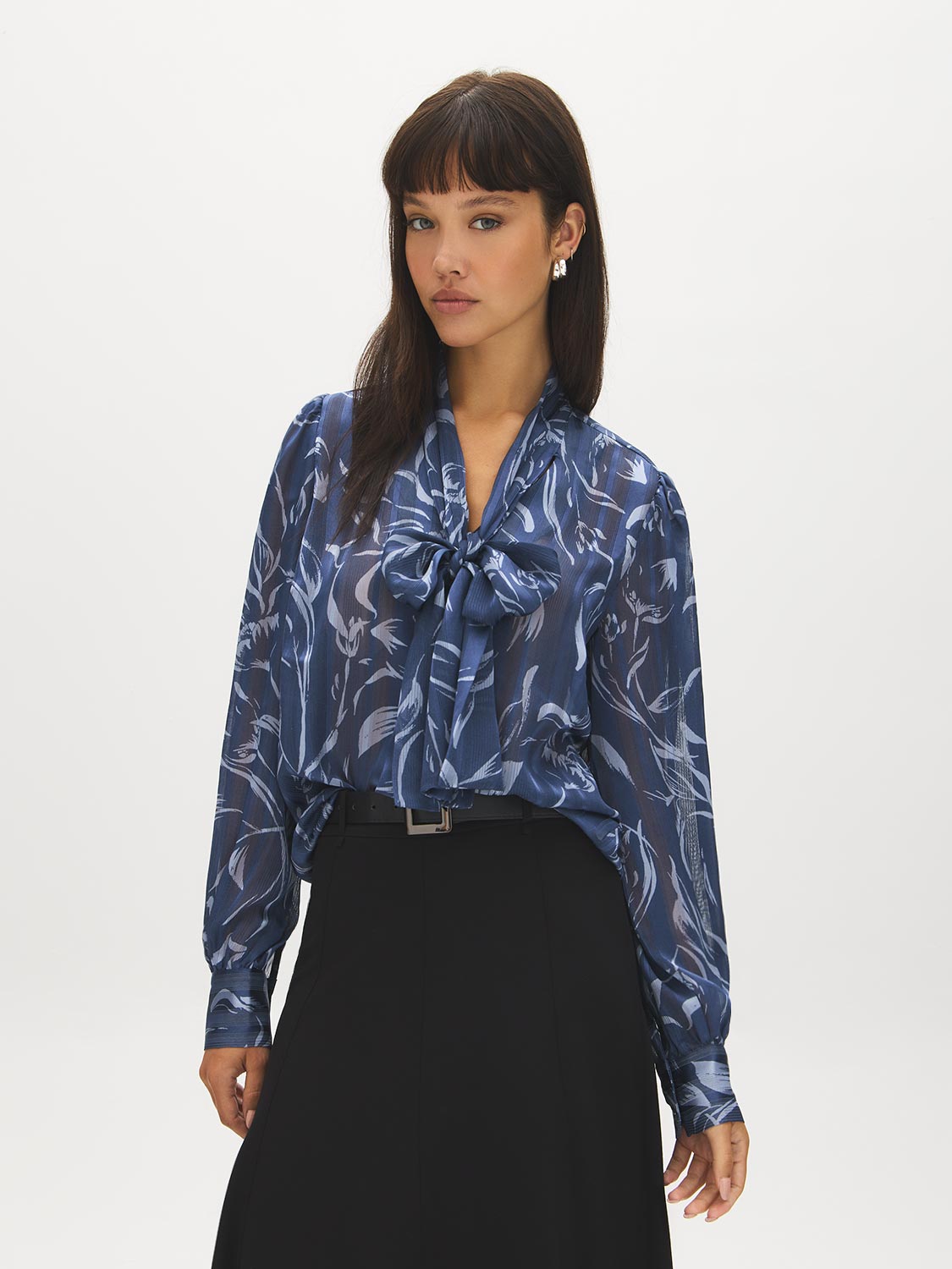 Oceana Printed Pussy Bow Blouse - Woman Wearing V-Neck Long Sleeve Top - Suzy Shier