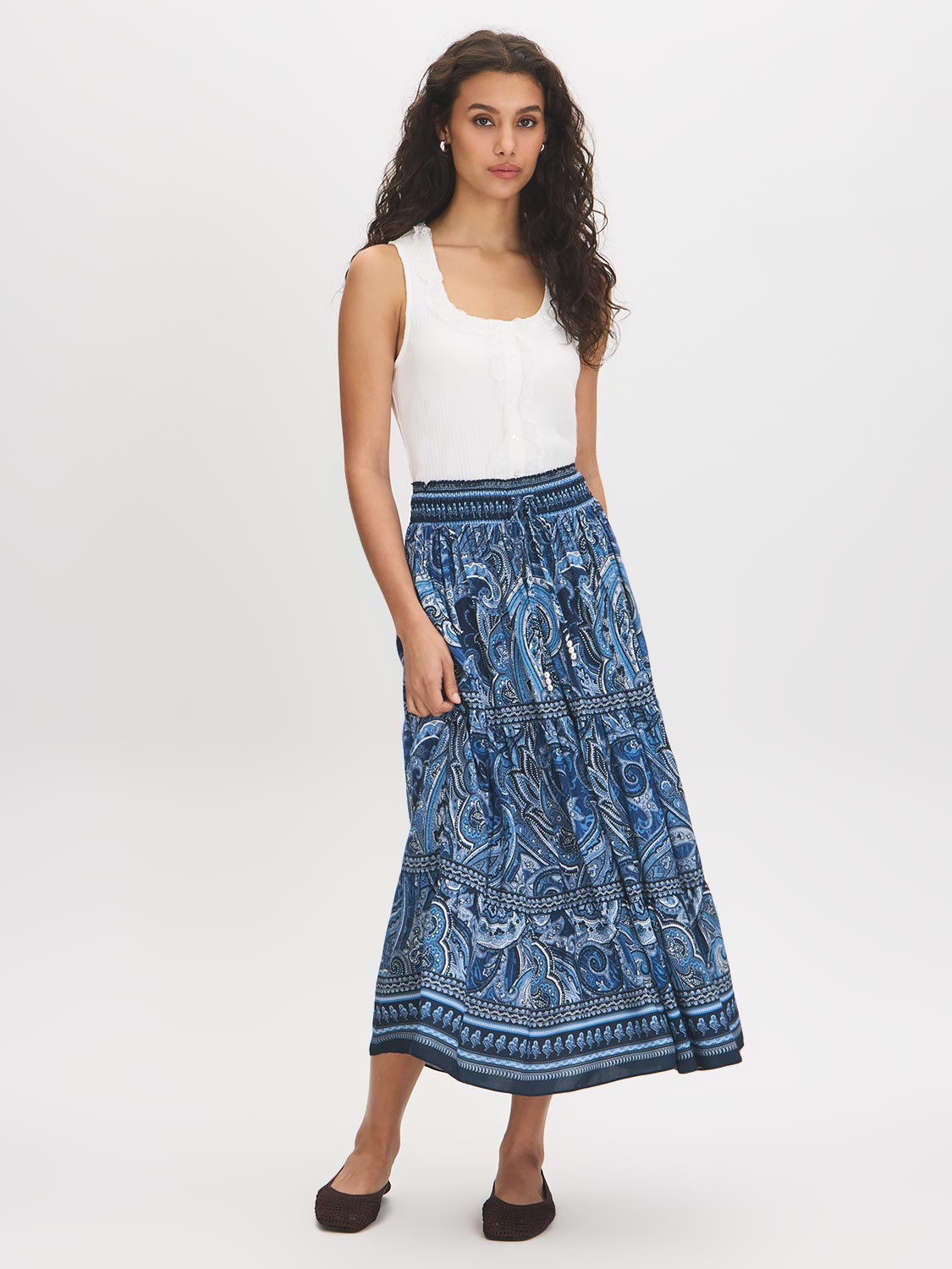 Paisley Placement Print Smocked Waist Maxi Skirt - Woman Wearing Tiered Maxi Skirt - Suzy Shier