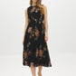 Jet Black Floral Pleated Sleeveless Dress - Woman Wearing Belted Midi Dress - Suzy Shier