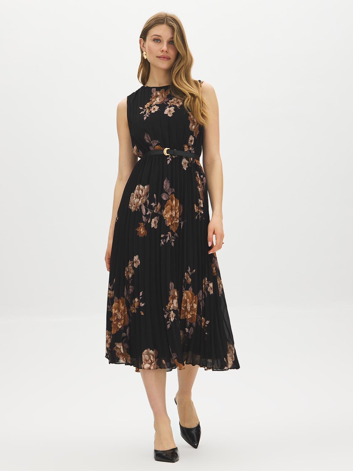 Jet Black Floral Pleated Sleeveless Dress - Woman Wearing Belted Midi Dress - Suzy Shier
