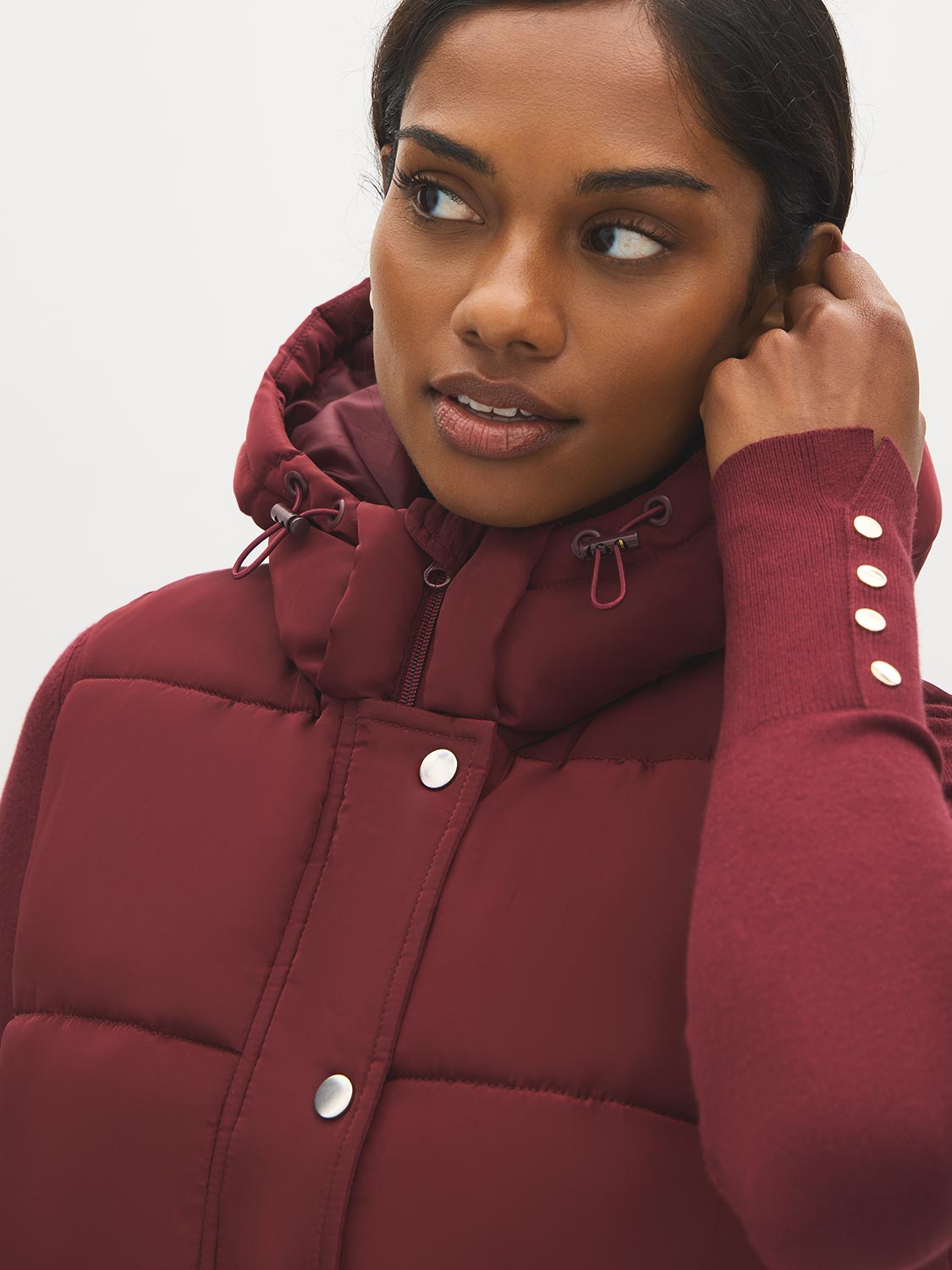 Red Quilted Puffer Vest with Hood - Hood Detail - Suzy Shier