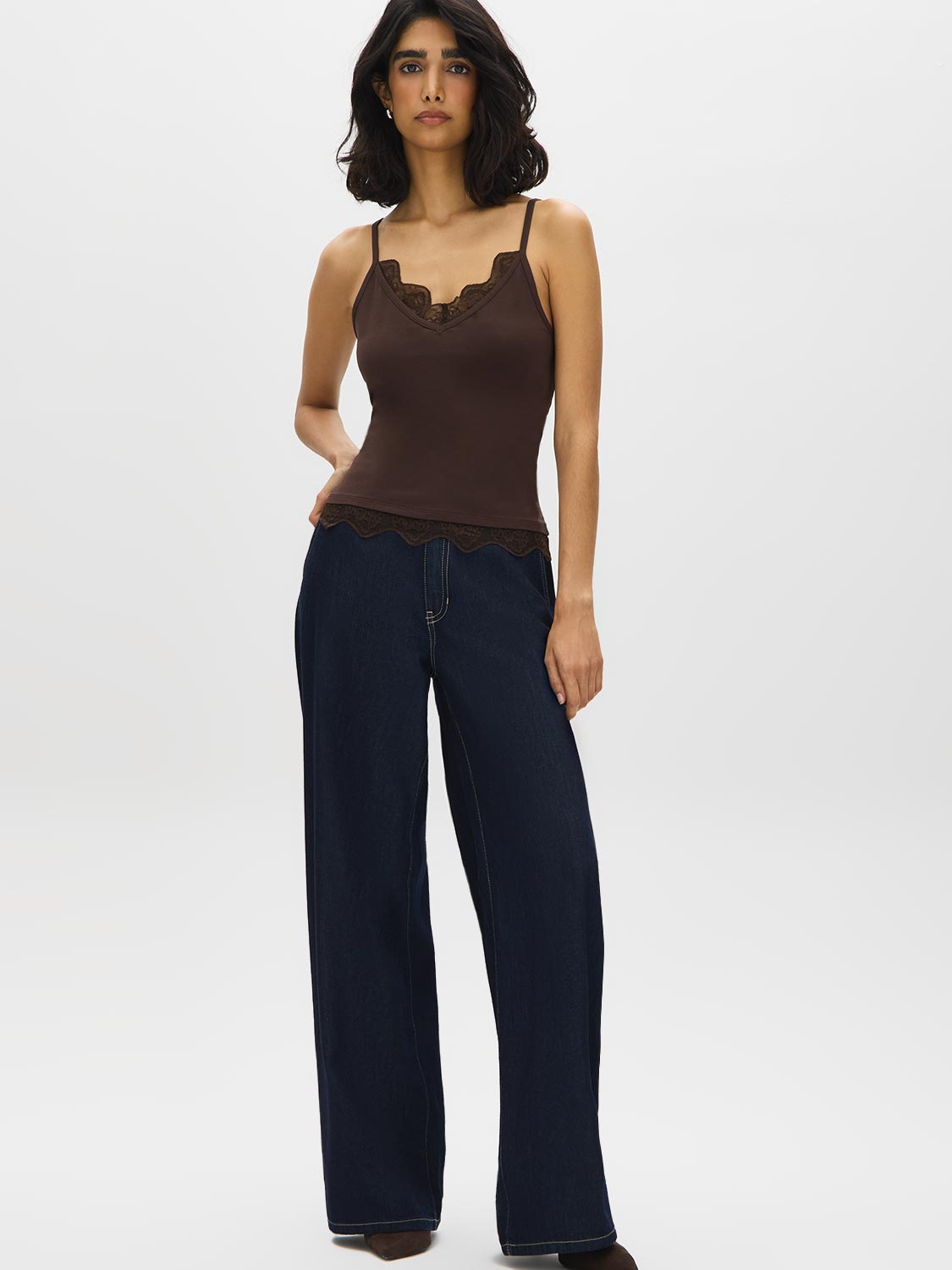 Charcoal Melange Spaghetti Strap Knit Tank with Lace Trim - Front View - Suzy Shier