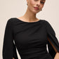 Black Boat Neck Sheath Dress with Back Cape - Upper Body Detail - Le Chateau