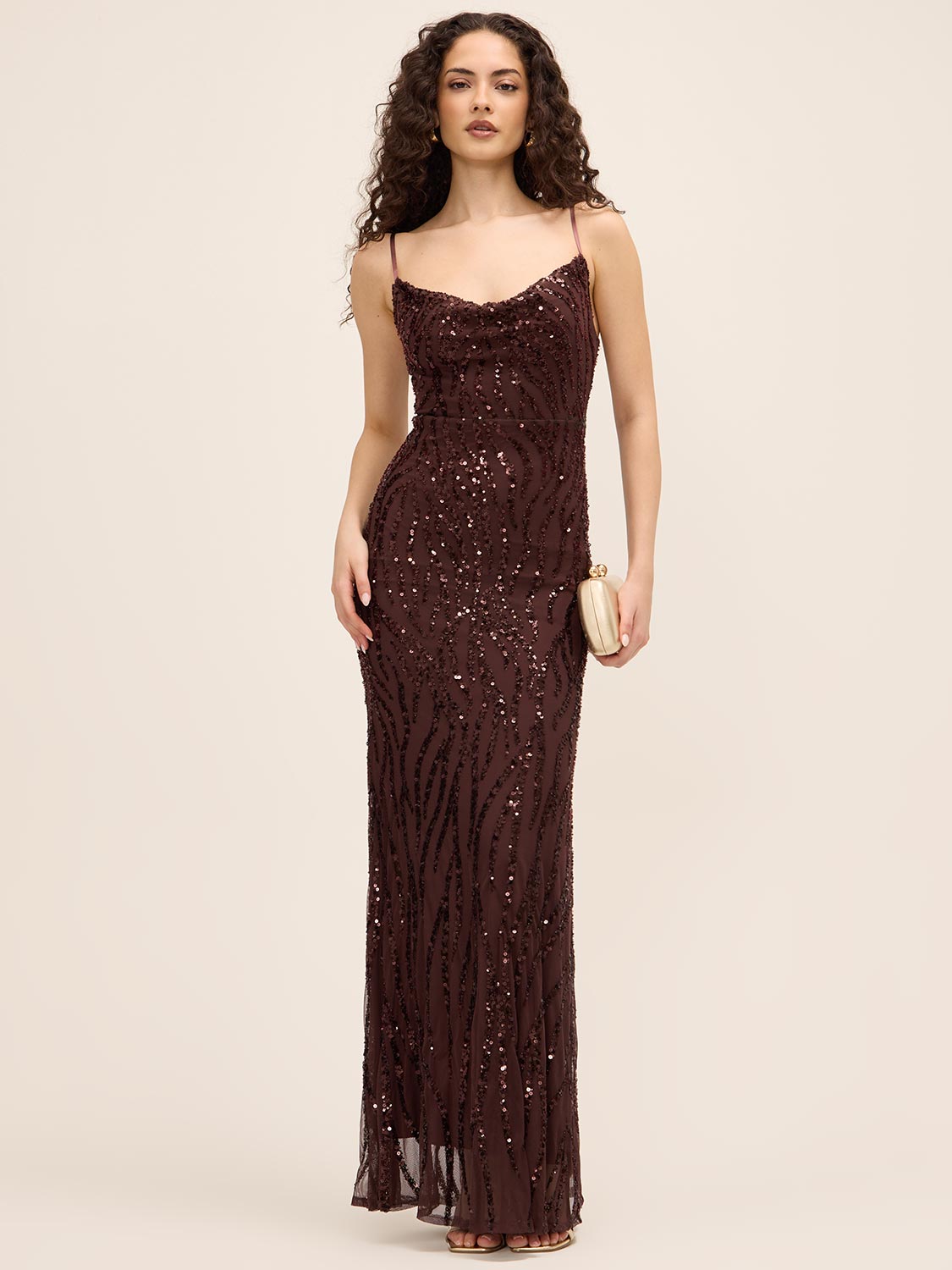 Coco Powder Sequin Mesh Gown with Animal Pattern - Woman Wearing Elegant Evening Dress - Le Chateau