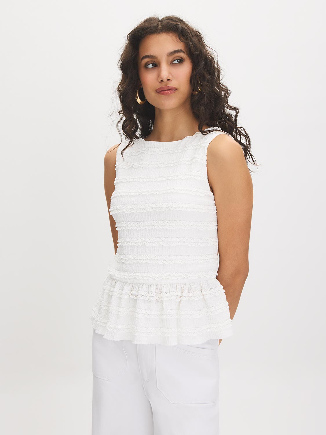Snow White Textured Knit Peplum Top - Woman Wearing Sleeveless Boat Neck Blouse - Suzy Shier
