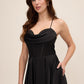 Black Satin Bustier Gown with Leg Opening - Woman Wearing Formal Evening Dress - Le Chateau